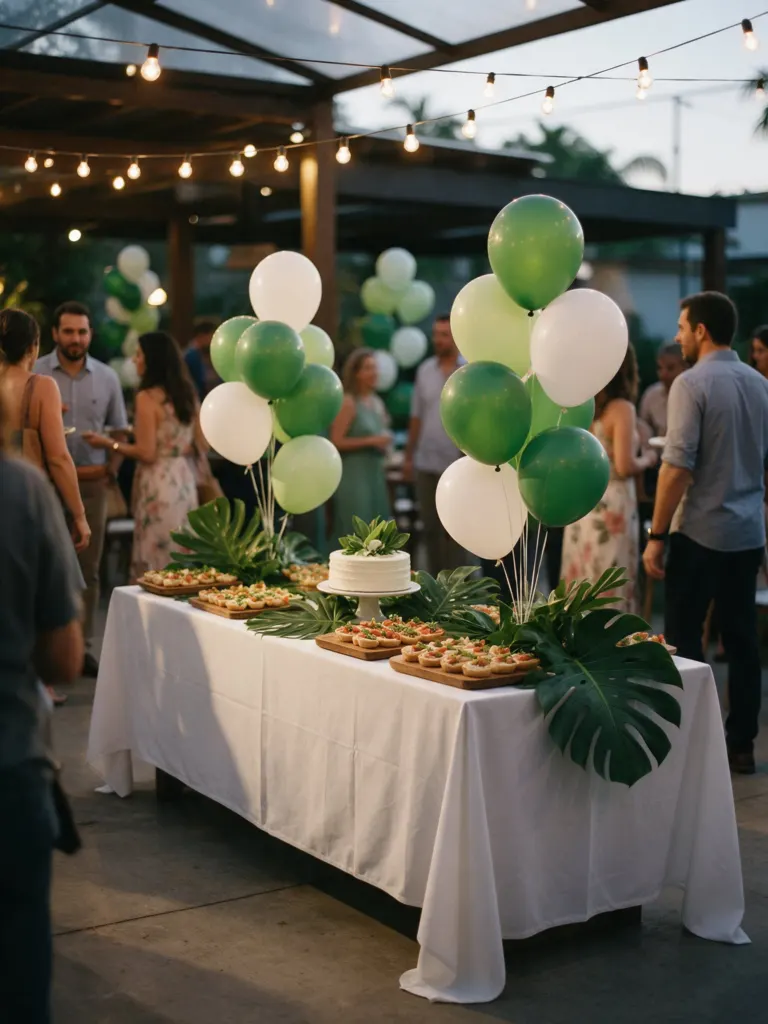 Mesa de aniversário decorada com balões verdes e brancos
