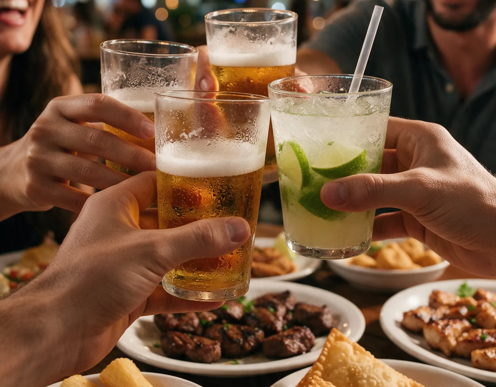 Amigos brindando com cerveja e caipirinha sobre mesa de petiscos