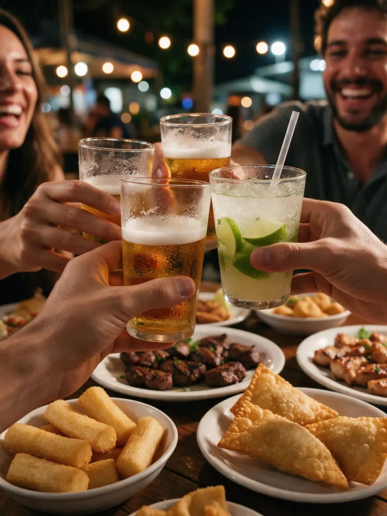 Amigos brindando com cerveja e caipirinha sobre mesa de petiscos