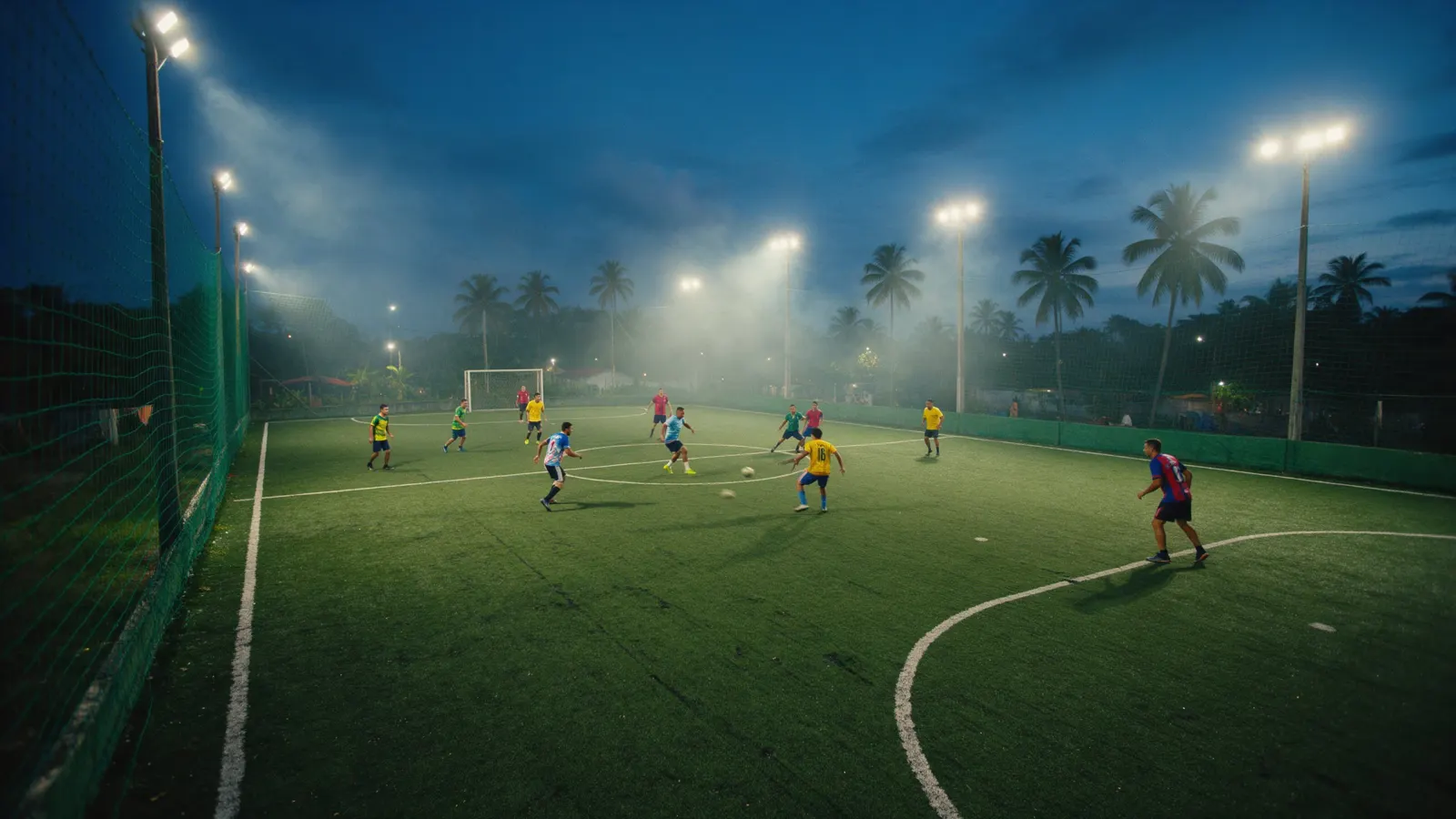 Campo de futebol society iluminado à noite com partida em andamento