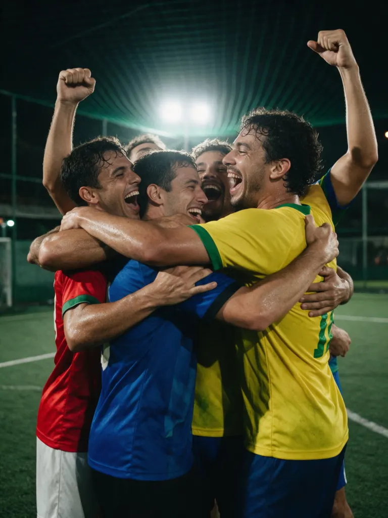 Amigos comemorando gol no campo society à noite