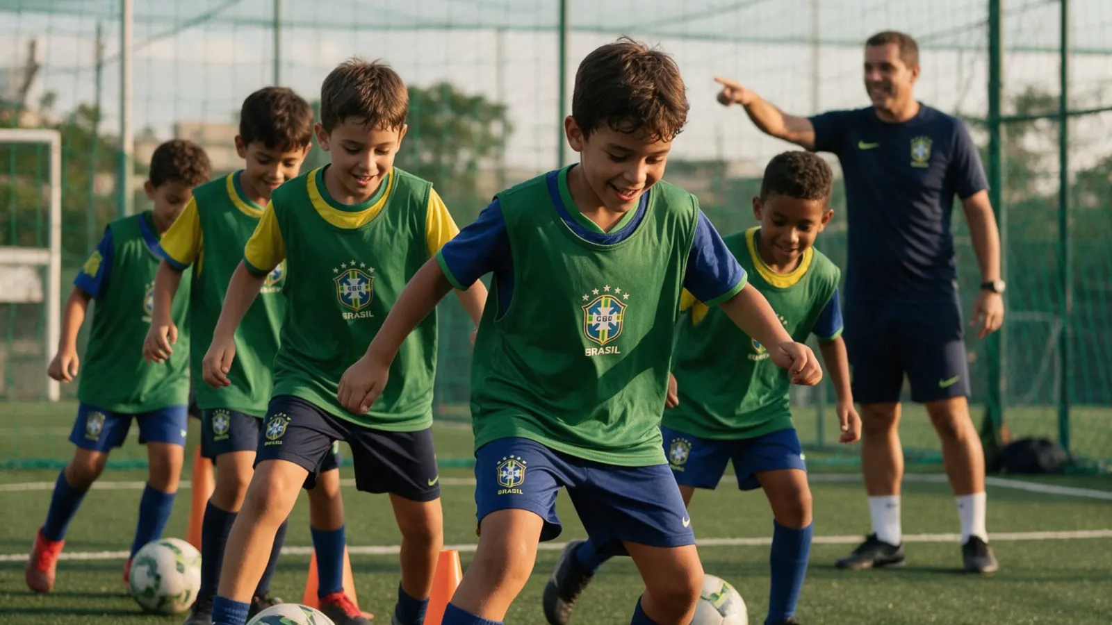 Crianças treinando na escolinha de futebol com cones e professor
