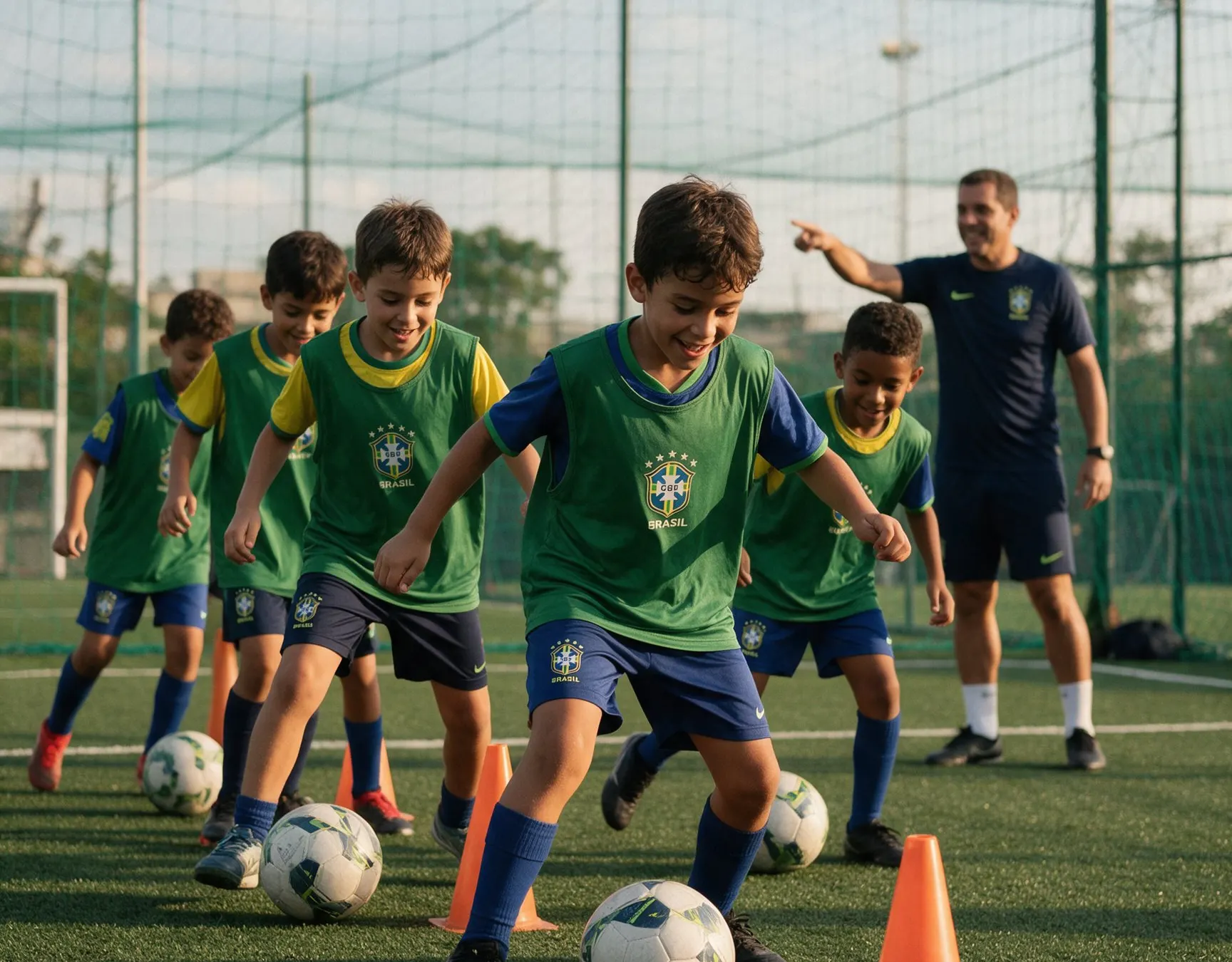 Crianças treinando na escolinha de futebol com cones e professor
