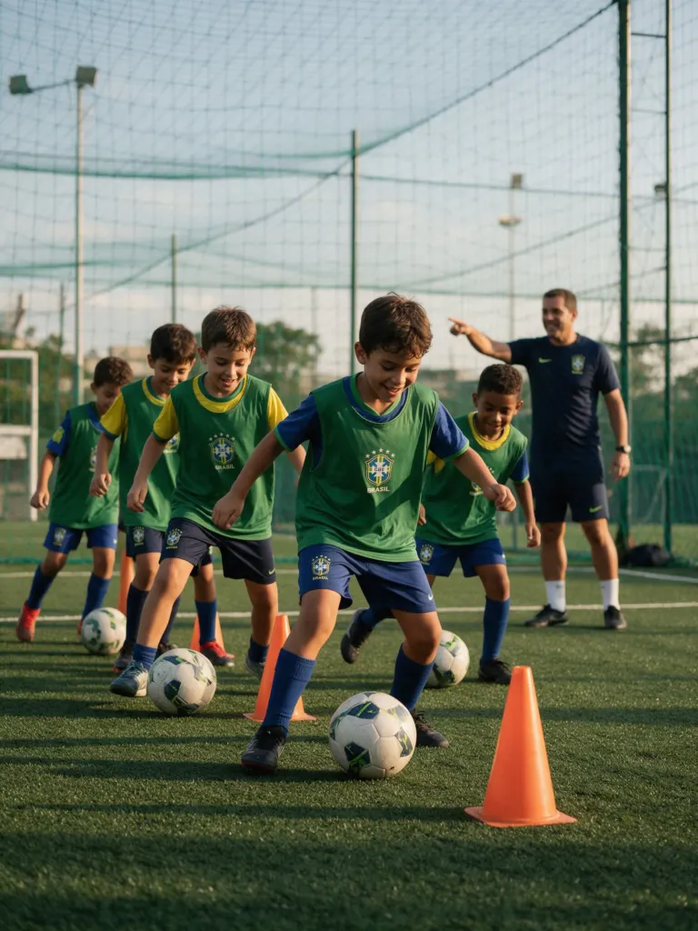 Crianças treinando na escolinha de futebol com cones e professor