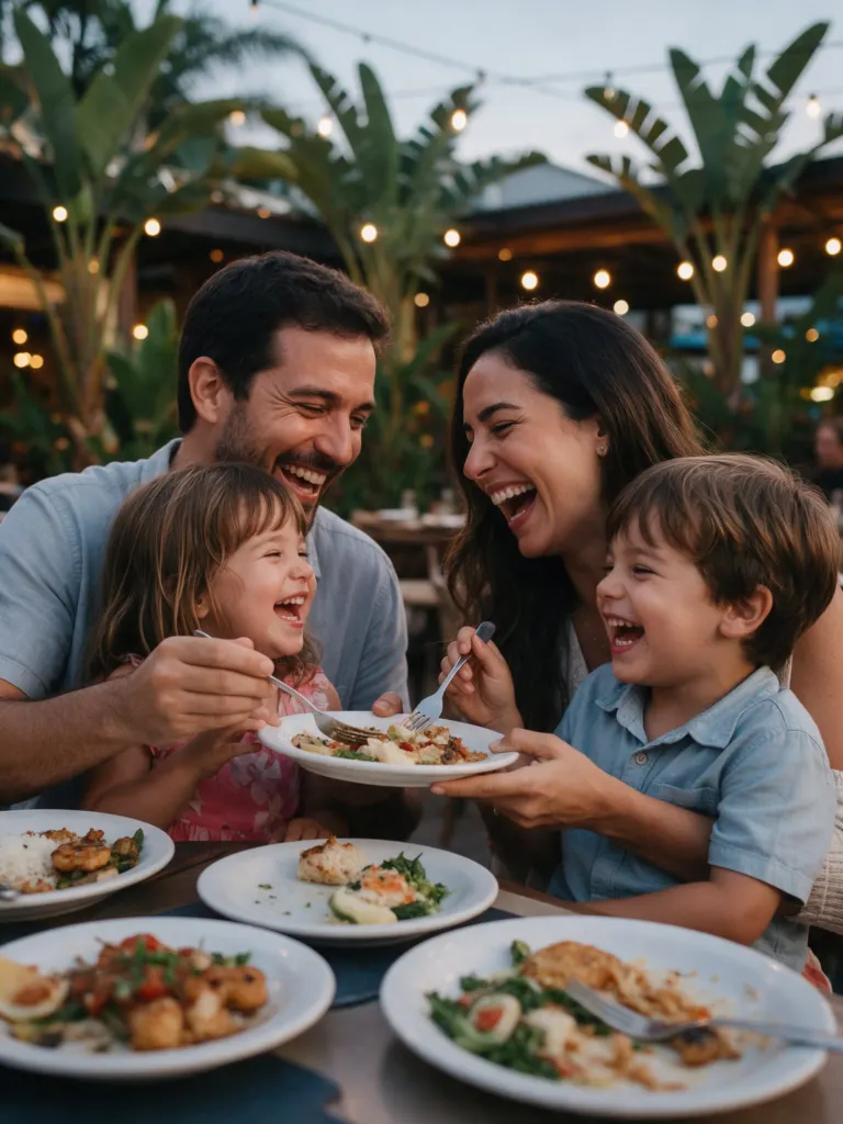 Família com crianças sorrindo à mesa do restaurante