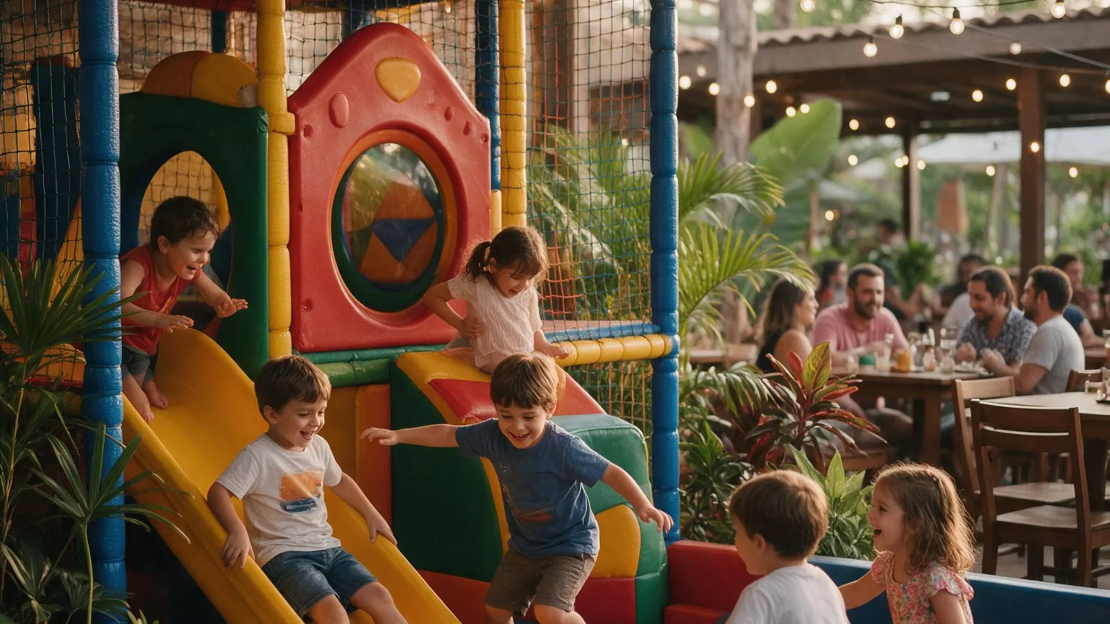 Crianças brincando no escorregador e na piscina de bolinhas do Play Parque