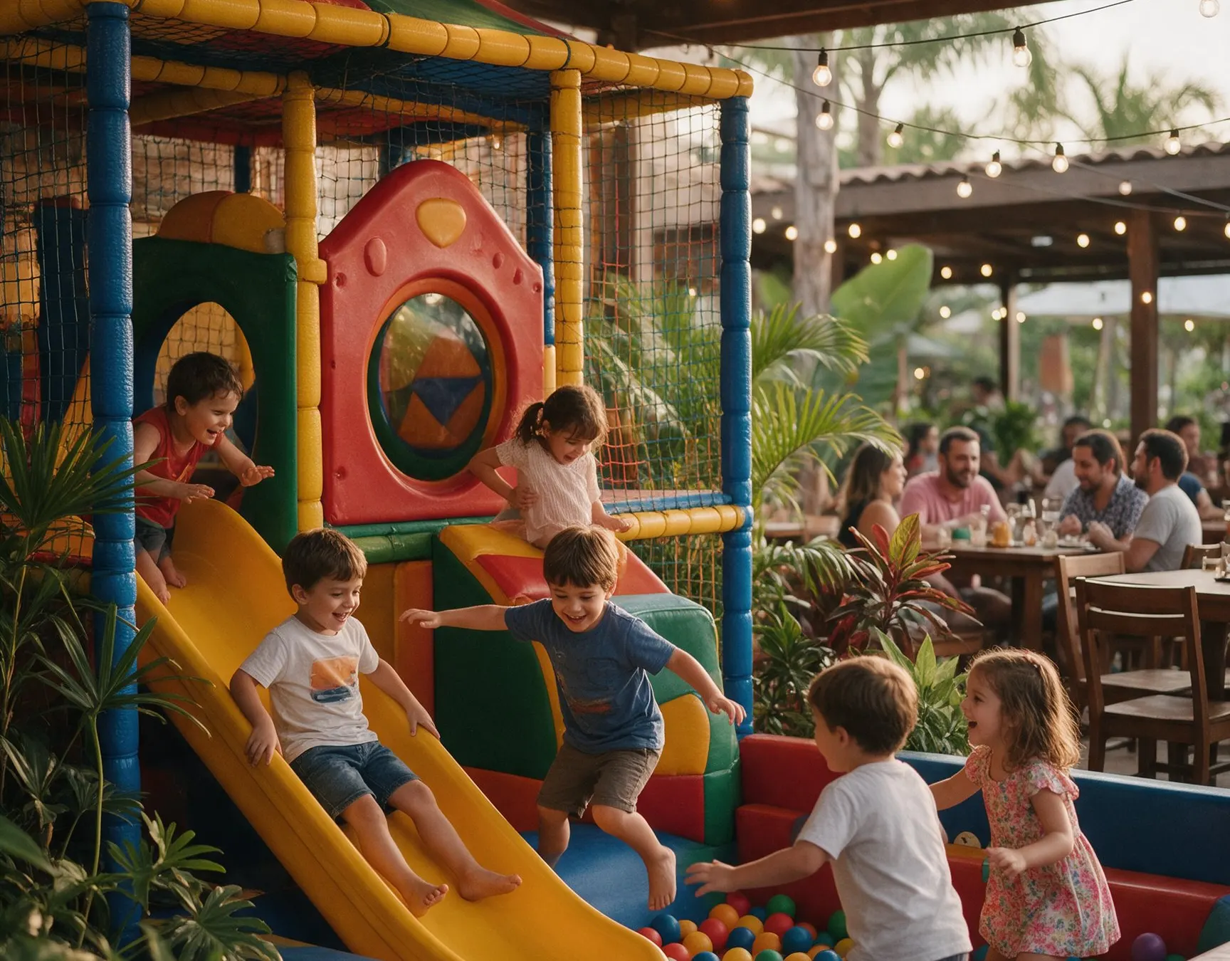 Crianças brincando no escorregador e na piscina de bolinhas do Play Parque