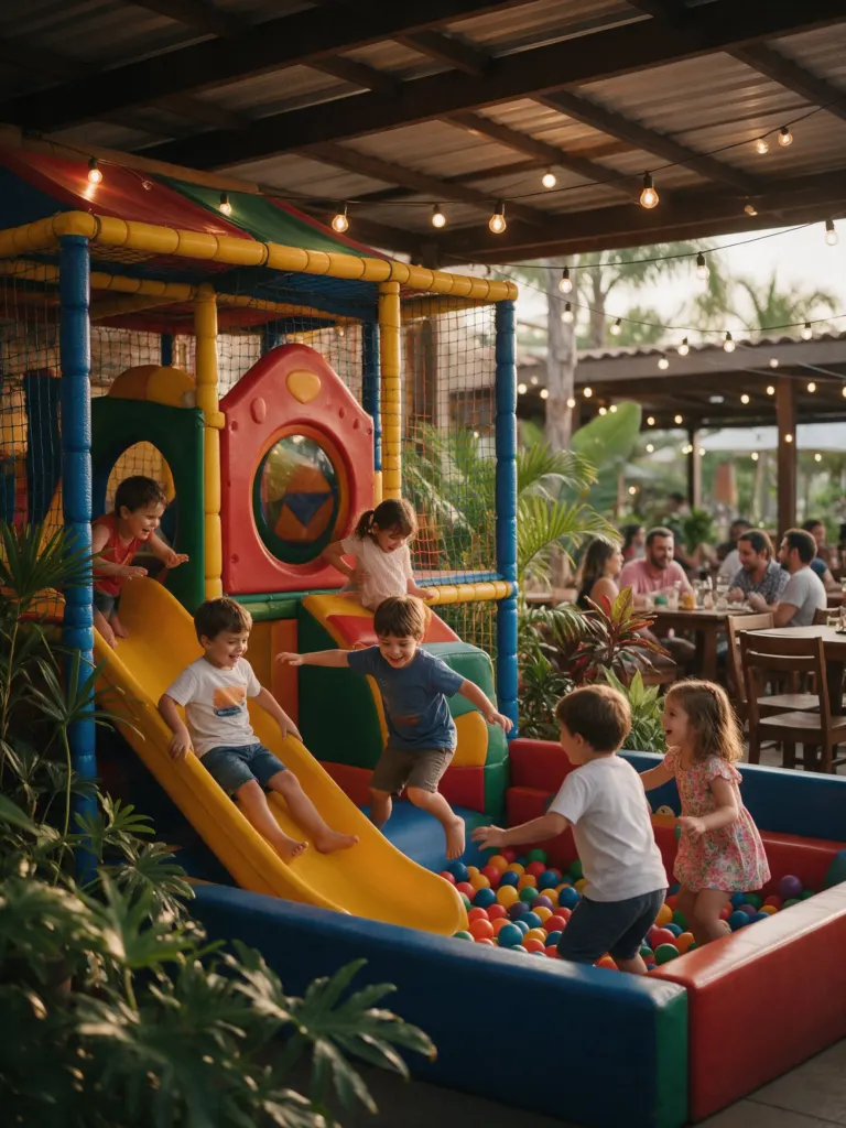 Crianças brincando no escorregador e na piscina de bolinhas do Play Parque
