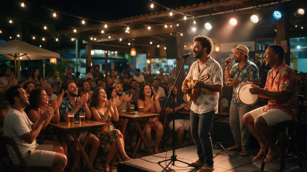 Show de pagode ao vivo com público nas mesas à noite