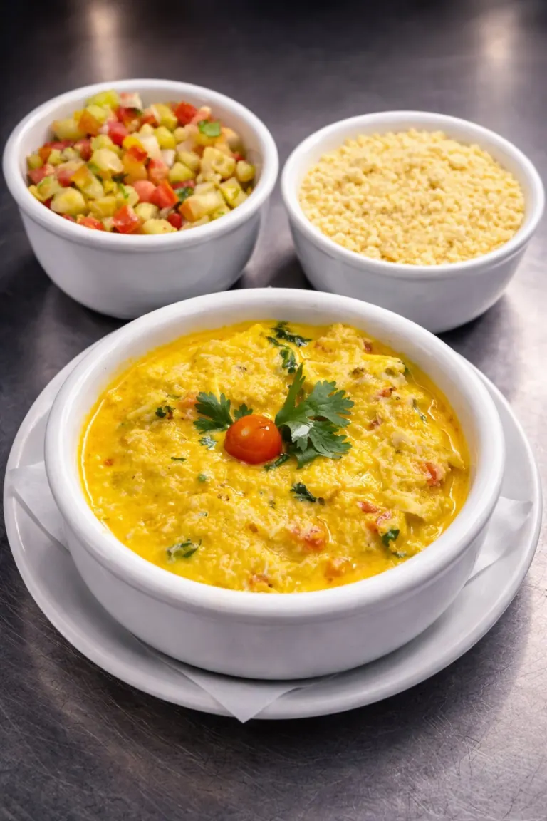 Prato do almoço com arroz, farofa e vinagrete