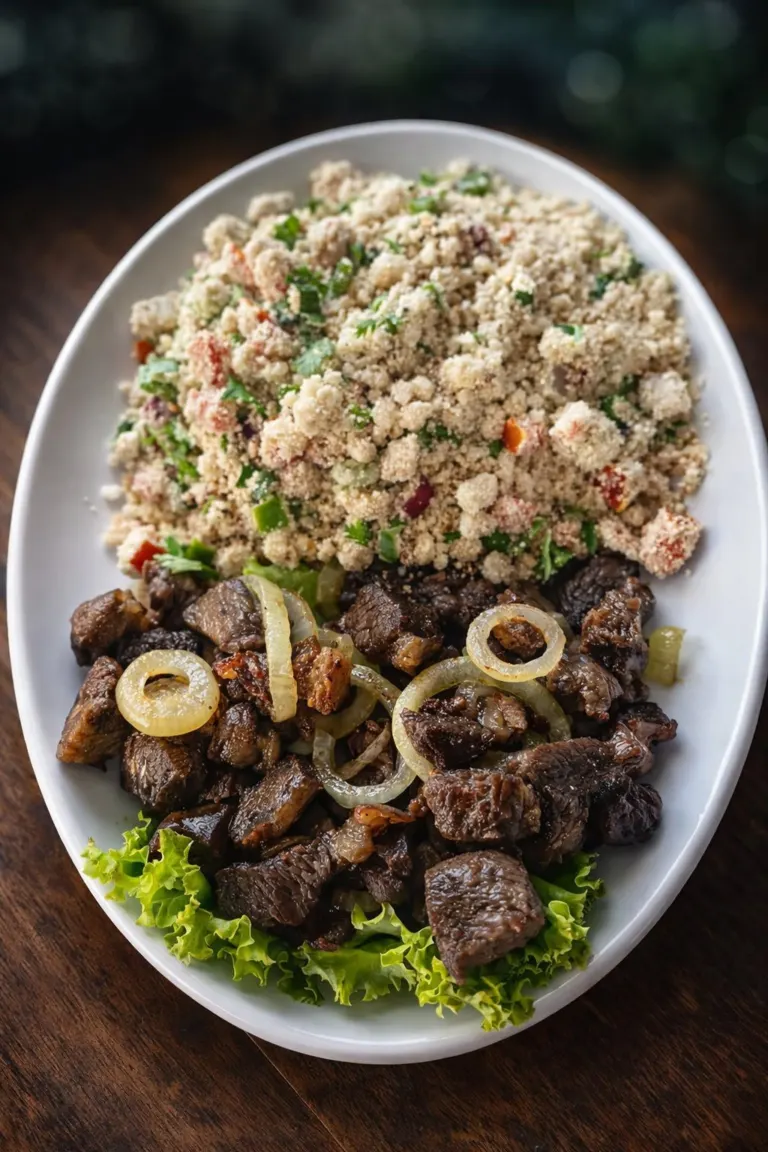 Carne acebolada com farofa em travessa