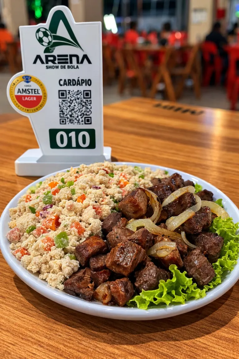 Carne acebolada com farofa servida na mesa da Arena